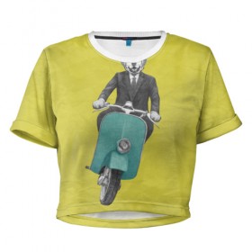 Женская футболка 3D укороченная с принтом Лабрадор на мотороллере в Курске, 100% полиэстер | круглая горловина, длина футболки до линии талии, рукава с отворотами | 