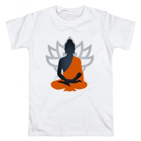 Мужская футболка хлопок с принтом Лотос и Будда в Курске, 100% хлопок | прямой крой, круглый вырез горловины, длина до линии бедер, слегка спущенное плечо. | будда | буддизм | лотос | оранжевый | символ | цветок