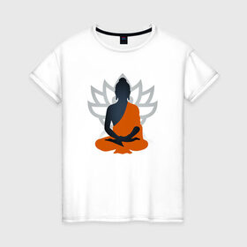 Женская футболка хлопок с принтом Лотос и Будда в Курске, 100% хлопок | прямой крой, круглый вырез горловины, длина до линии бедер, слегка спущенное плечо | будда | буддизм | лотос | оранжевый | символ | цветок