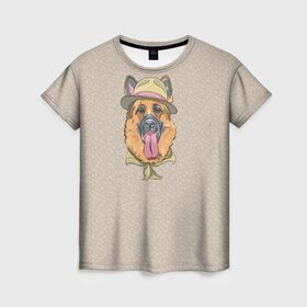Женская футболка 3D с принтом Немецкая овчарка в шляпке в Курске, 100% полиэфир ( синтетическое хлопкоподобное полотно) | прямой крой, круглый вырез горловины, длина до линии бедер | домашние животные | овчарка | пес | собака