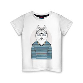 Детская футболка хлопок с принтом Хаски в свитере в Курске, 100% хлопок | круглый вырез горловины, полуприлегающий силуэт, длина до линии бедер | домашние животные | пес | песик | собака | собачка | хаски