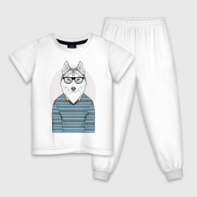 Детская пижама хлопок с принтом Хаски в свитере в Курске, 100% хлопок |  брюки и футболка прямого кроя, без карманов, на брюках мягкая резинка на поясе и по низу штанин
 | домашние животные | пес | песик | собака | собачка | хаски