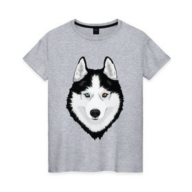 Женская футболка хлопок с принтом Хаски с разными глазами в Курске, 100% хлопок | прямой крой, круглый вырез горловины, длина до линии бедер, слегка спущенное плечо | домашние животные | пес | собака