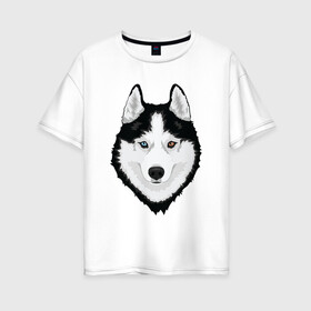 Женская футболка хлопок Oversize с принтом Хаски с разными глазами в Курске, 100% хлопок | свободный крой, круглый ворот, спущенный рукав, длина до линии бедер
 | домашние животные | пес | собака