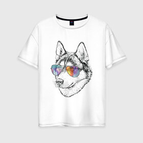 Женская футболка хлопок Oversize с принтом Хаски в очках в Курске, 100% хлопок | свободный крой, круглый ворот, спущенный рукав, длина до линии бедер
 | бандит | домашние животные | пес | песик | собака | собачка | хаски | хаски бандит