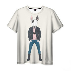 Мужская футболка 3D с принтом Бультерьер в косухе в Курске, 100% полиэфир | прямой крой, круглый вырез горловины, длина до линии бедер | домашние животные | пес | собака