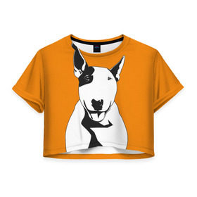 Женская футболка 3D укороченная с принтом Солнечнй бультерьер в Курске, 100% полиэстер | круглая горловина, длина футболки до линии талии, рукава с отворотами | Тематика изображения на принте: бультерьер | домашние животные | пес | песик | собака | собачка