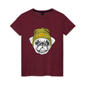 Женская футболка хлопок с принтом Мопсик в шапочке в Курске, 100% хлопок | прямой крой, круглый вырез горловины, длина до линии бедер, слегка спущенное плечо | Тематика изображения на принте: домашние животные | пес | собака | хипстер
