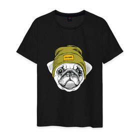 Мужская футболка хлопок с принтом Мопсик в шапочке в Курске, 100% хлопок | прямой крой, круглый вырез горловины, длина до линии бедер, слегка спущенное плечо. | Тематика изображения на принте: домашние животные | пес | собака | хипстер