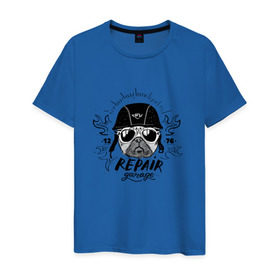 Мужская футболка хлопок с принтом Repair garage в Курске, 100% хлопок | прямой крой, круглый вырез горловины, длина до линии бедер, слегка спущенное плечо. | домашние животные | мопс | пес | песик | собака | собачка