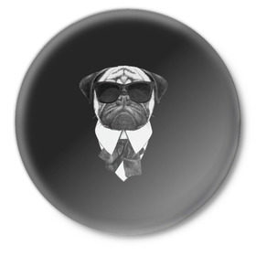 Значок с принтом Мопс в черном в Курске,  металл | круглая форма, металлическая застежка в виде булавки | домашние животные | мопс | пес | песик | собака | собачка
