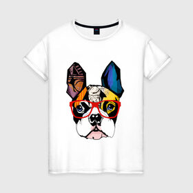 Женская футболка хлопок с принтом Лоскутный мопс в Курске, 100% хлопок | прямой крой, круглый вырез горловины, длина до линии бедер, слегка спущенное плечо | бульдог | домашние животные | пес | песик | собака | собачка | французский бульдог