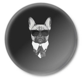 Значок с принтом Бульдог в черном в Курске,  металл | круглая форма, металлическая застежка в виде булавки | Тематика изображения на принте: бульдог | домашние животные | пес | песик | собака | собачка | французский бульдог