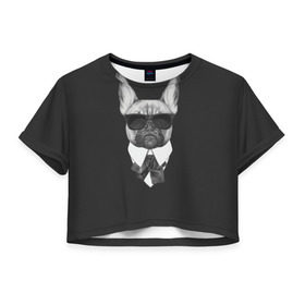 Женская футболка 3D укороченная с принтом Бульдог в черном в Курске, 100% полиэстер | круглая горловина, длина футболки до линии талии, рукава с отворотами | бульдог | домашние животные | пес | песик | собака | собачка | французский бульдог