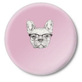 Значок с принтом Бульдог в очках в Курске,  металл | круглая форма, металлическая застежка в виде булавки | бульдог | домашние животные | пес | песик | собака | собачка | французский бульдог