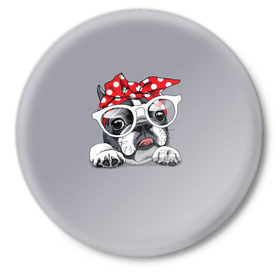 Значок с принтом Бульдог в очках_2 в Курске,  металл | круглая форма, металлическая застежка в виде булавки | бульдог | домашние животные | пес | песик | собака | собачка | французский бульдог