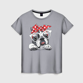 Женская футболка 3D с принтом Бульдог в очках_2 в Курске, 100% полиэфир ( синтетическое хлопкоподобное полотно) | прямой крой, круглый вырез горловины, длина до линии бедер | Тематика изображения на принте: бульдог | домашние животные | пес | песик | собака | собачка | французский бульдог