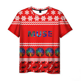 Мужская футболка 3D с принтом Праздничный Muse в Курске, 100% полиэфир | прямой крой, круглый вырез горловины, длина до линии бедер | muse | альтернативный | группа | доминик ховард | знак | красный | крис уолстенхолм | мо | моус | моусе | муза | музе | мусе | мэттью беллами | надпись | новогодний | новый год | праздник | прогрессивный