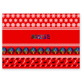 Поздравительная открытка с принтом Праздничный Muse в Курске, 100% бумага | плотность бумаги 280 г/м2, матовая, на обратной стороне линовка и место для марки
 | muse | альтернативный | группа | доминик ховард | знак | красный | крис уолстенхолм | мо | моус | моусе | муза | музе | мусе | мэттью беллами | надпись | новогодний | новый год | праздник | прогрессивный