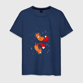 Мужская футболка хлопок с принтом Лисы в космосе в Курске, 100% хлопок | прямой крой, круглый вырез горловины, длина до линии бедер, слегка спущенное плечо. | космос | лиса | новый год