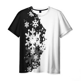 Мужская футболка 3D с принтом Снежные узоры в Курске, 100% полиэфир | прямой крой, круглый вырез горловины, длина до линии бедер | black | christmas | new year | pattern | white | абстракция | зима | новый год | рождество | снег | снежинки | узор | черно белые