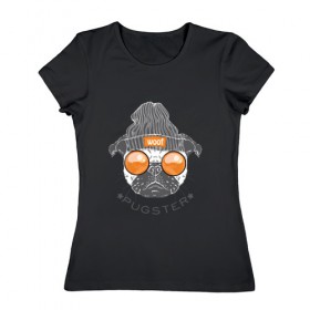 Женская футболка хлопок с принтом PUGSTER в Курске, 100% хлопок | прямой крой, круглый вырез горловины, длина до линии бедер, слегка спущенное плечо | домашние животные | мопс | пес | собака