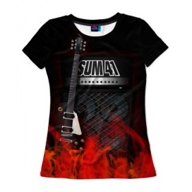Женская футболка 3D с принтом Sum 41 в Курске, 100% полиэфир ( синтетическое хлопкоподобное полотно) | прямой крой, круглый вырез горловины, длина до линии бедер | Тематика изображения на принте: logo | metal | music | rock | sum 41 | sum41 | лого | логотип | метал | музыка | рок