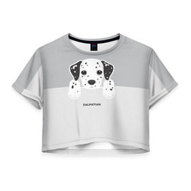 Женская футболка 3D укороченная с принтом Dalmatian Puppy в Курске, 100% полиэстер | круглая горловина, длина футболки до линии талии, рукава с отворотами | далматин | далматинец | домашние животные | пес | песик | собака | собачка | терьер | шпиц