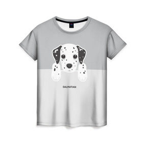 Женская футболка 3D с принтом Dalmatian Puppy в Курске, 100% полиэфир ( синтетическое хлопкоподобное полотно) | прямой крой, круглый вырез горловины, длина до линии бедер | Тематика изображения на принте: далматин | далматинец | домашние животные | пес | песик | собака | собачка | терьер | шпиц