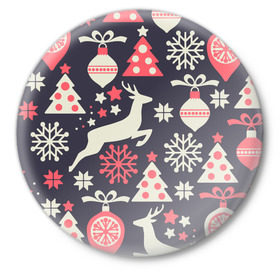 Значок с принтом Зимние фантазии в Курске,  металл | круглая форма, металлическая застежка в виде булавки | елка | елочные игрушки | новый год | олень | снег | снежинки