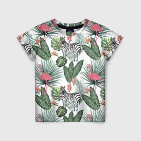 Детская футболка 3D с принтом Саванна в Курске, 100% гипоаллергенный полиэфир | прямой крой, круглый вырез горловины, длина до линии бедер, чуть спущенное плечо, ткань немного тянется | африка | белый | зверь | зебра | растения | розовый | фламинго