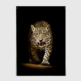 Постер с принтом Leopard в Курске, 100% бумага
 | бумага, плотность 150 мг. Матовая, но за счет высокого коэффициента гладкости имеет небольшой блеск и дает на свету блики, но в отличии от глянцевой бумаги не покрыта лаком | дикая кошка | зверь | клыки | кот | леопард | оскал | пантера | природа | хищник | ягуар