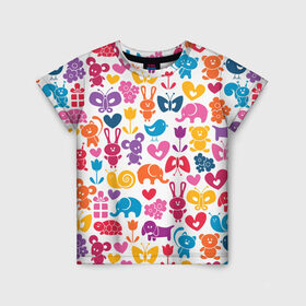 Детская футболка 3D с принтом Веселый зоопарк в Курске, 100% гипоаллергенный полиэфир | прямой крой, круглый вырез горловины, длина до линии бедер, чуть спущенное плечо, ткань немного тянется | бабочка | заяц | кролик | слон | цветы | черепаxа