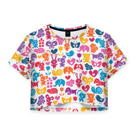Женская футболка 3D укороченная с принтом Веселый зоопарк в Курске, 100% полиэстер | круглая горловина, длина футболки до линии талии, рукава с отворотами | бабочка | заяц | кролик | слон | цветы | черепаxа