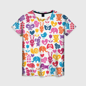 Женская футболка 3D с принтом Веселый зоопарк в Курске, 100% полиэфир ( синтетическое хлопкоподобное полотно) | прямой крой, круглый вырез горловины, длина до линии бедер | бабочка | заяц | кролик | слон | цветы | черепаxа