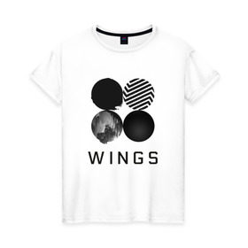 Женская футболка хлопок с принтом BTS wings в Курске, 100% хлопок | прямой крой, круглый вырез горловины, длина до линии бедер, слегка спущенное плечо | bangtan boys | bts | bts army | бантаны бтс