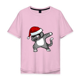 Мужская футболка хлопок Oversize с принтом DAB Cat Santa в Курске, 100% хлопок | свободный крой, круглый ворот, “спинка” длиннее передней части | Тематика изображения на принте: даб | кот | новогодний | рождество | шапка