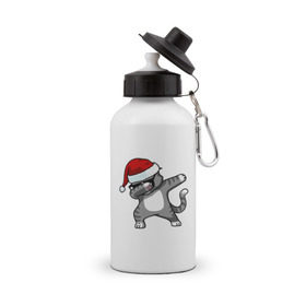 Бутылка спортивная с принтом DAB Cat Santa в Курске, металл | емкость — 500 мл, в комплекте две пластиковые крышки и карабин для крепления | даб | кот | новогодний | рождество | шапка