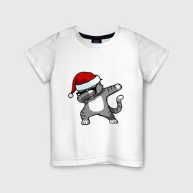 Детская футболка хлопок с принтом DAB Cat Santa в Курске, 100% хлопок | круглый вырез горловины, полуприлегающий силуэт, длина до линии бедер | даб | кот | новогодний | рождество | шапка