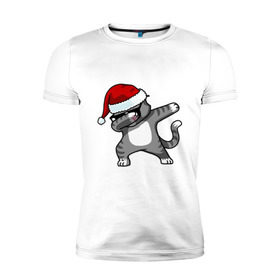 Мужская футболка премиум с принтом DAB Cat Santa в Курске, 92% хлопок, 8% лайкра | приталенный силуэт, круглый вырез ворота, длина до линии бедра, короткий рукав | даб | кот | новогодний | рождество | шапка