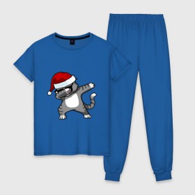 Женская пижама хлопок с принтом DAB Cat Santa в Курске, 100% хлопок | брюки и футболка прямого кроя, без карманов, на брюках мягкая резинка на поясе и по низу штанин | Тематика изображения на принте: даб | кот | новогодний | рождество | шапка
