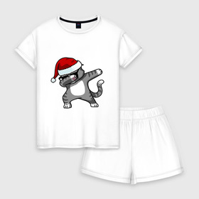 Женская пижама с шортиками хлопок с принтом DAB Cat Santa в Курске, 100% хлопок | футболка прямого кроя, шорты свободные с широкой мягкой резинкой | даб | кот | новогодний | рождество | шапка