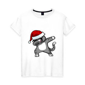 Женская футболка хлопок с принтом DAB Cat Santa в Курске, 100% хлопок | прямой крой, круглый вырез горловины, длина до линии бедер, слегка спущенное плечо | Тематика изображения на принте: даб | кот | новогодний | рождество | шапка
