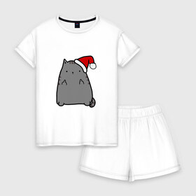 Женская пижама с шортиками хлопок с принтом New Year Cat в Курске, 100% хлопок | футболка прямого кроя, шорты свободные с широкой мягкой резинкой | кот | новогодний | рождество | шапка