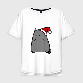 Мужская футболка хлопок Oversize с принтом New Year Cat в Курске, 100% хлопок | свободный крой, круглый ворот, “спинка” длиннее передней части | кот | новогодний | рождество | шапка