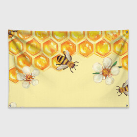 Флаг-баннер с принтом Любители меда в Курске, 100% полиэстер | размер 67 х 109 см, плотность ткани — 95 г/м2; по краям флага есть четыре люверса для крепления | крылья | мед | насекомое | полет | природа | пчелы | улей | цветное | яркое