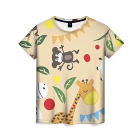 Женская футболка 3D с принтом Веселый зоопарк в Курске, 100% полиэфир ( синтетическое хлопкоподобное полотно) | прямой крой, круглый вырез горловины, длина до линии бедер | жираф | лошадь | мартышка | пони