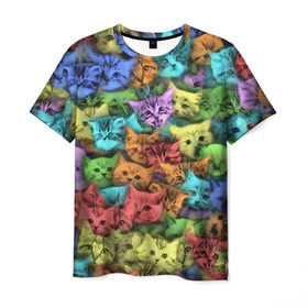 Мужская футболка 3D с принтом Разноцветные коты в Курске, 100% полиэфир | прямой крой, круглый вырез горловины, длина до линии бедер | Тематика изображения на принте: котенок | котик | котята | кошка | кошки | паттерн