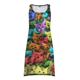 Платье-майка 3D с принтом Разноцветные коты в Курске, 100% полиэстер | полуприлегающий силуэт, широкие бретели, круглый вырез горловины, удлиненный подол сзади. | котенок | котик | котята | кошка | кошки | паттерн