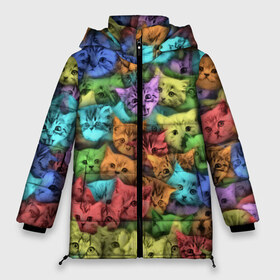Женская зимняя куртка 3D с принтом Разноцветные коты в Курске, верх — 100% полиэстер; подкладка — 100% полиэстер; утеплитель — 100% полиэстер | длина ниже бедра, силуэт Оверсайз. Есть воротник-стойка, отстегивающийся капюшон и ветрозащитная планка. 

Боковые карманы с листочкой на кнопках и внутренний карман на молнии | Тематика изображения на принте: котенок | котик | котята | кошка | кошки | паттерн